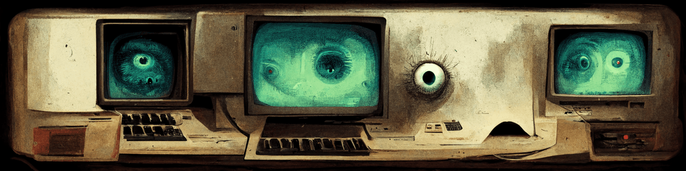 an old computer with eyes popping out of the screen by tricil