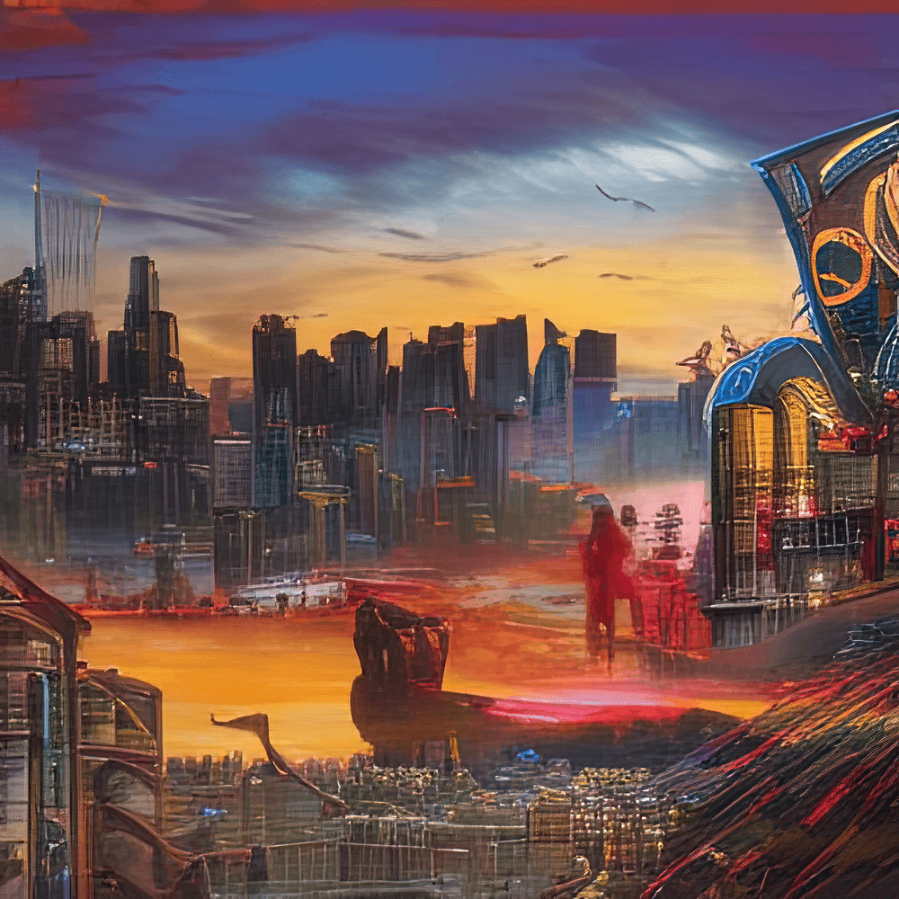 cyberpunk city panorama sunset 591834800