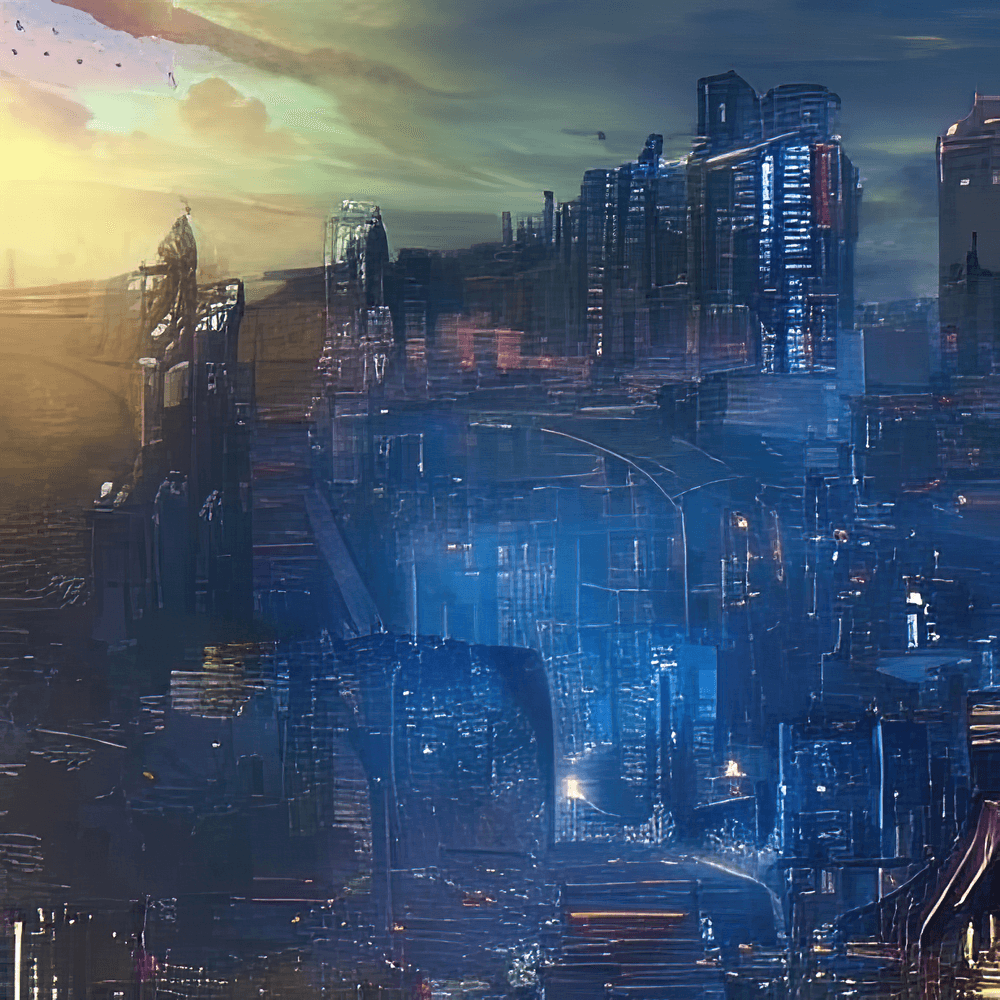 cyberpunk city panorama sunset 592413282